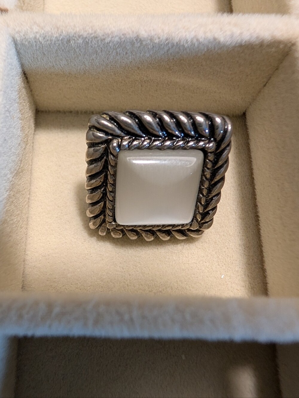 Silver Tone Square White Stone Rope-Edge Brooch - Small